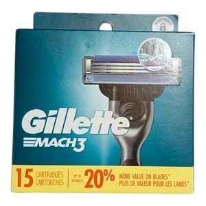 Gillette Mach3 Razor Blade Refills 15 Cartridges New Sealed Mens Unisex